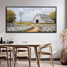 Load image into Gallery viewer, Large Retro Landscape Canvas - Wildflower Meadow with Windmill &amp; Barn, 29x58in