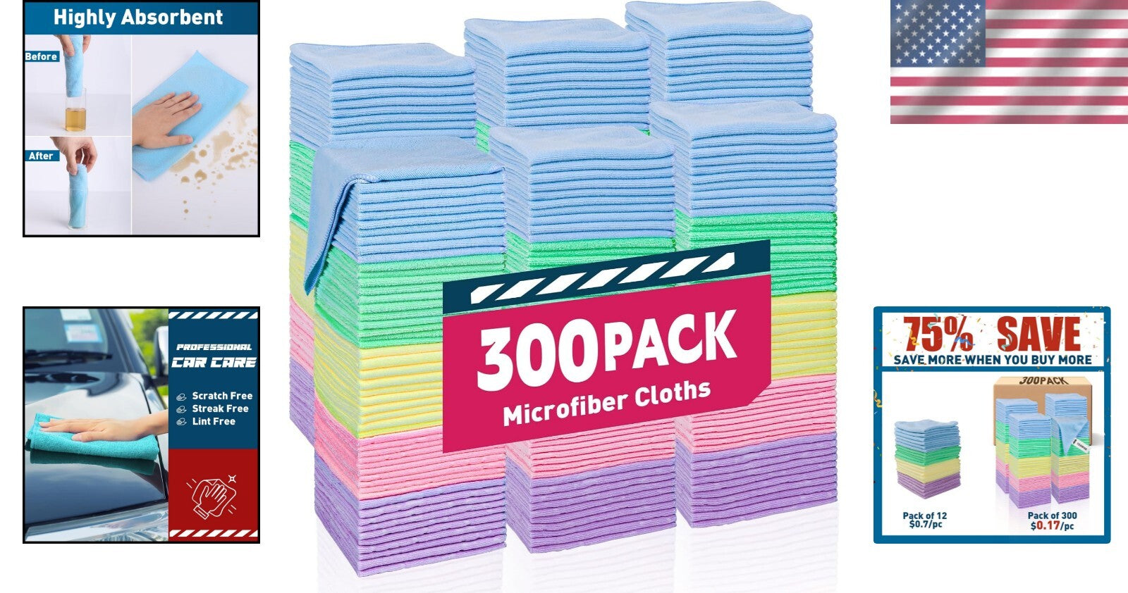 Eco-Friendly 300 Pack Microfiber Towels, Reusable Cleaning Cloths in 5 Colors