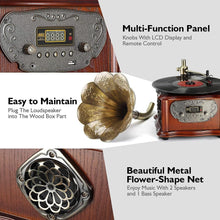 Load image into Gallery viewer, Vintage Phonograph Retro Turntable with Copper Horn – Bluetooth &amp; Aux Input