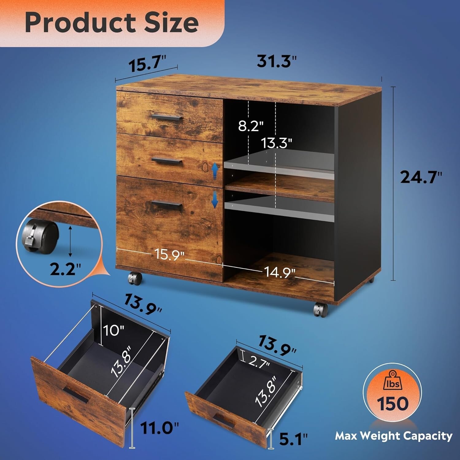 Rustic Brown 3 Drawer Mobile File Cabinet & Printer Stand with Open Shells