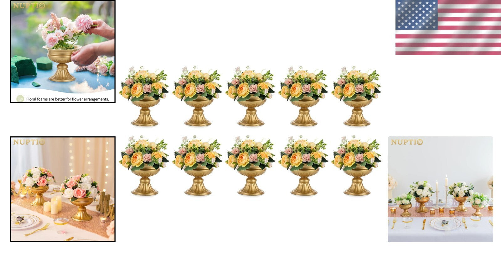Metallic Gold Centerpiece Vases - 10 Pcs, 6.5in Trumpet Design for Weddings