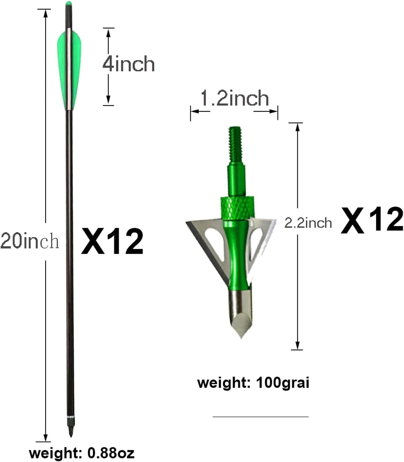 20 Inch Carbon Crossbow Bolts 12 Pack & Broadheads Kit for Precise Hunting