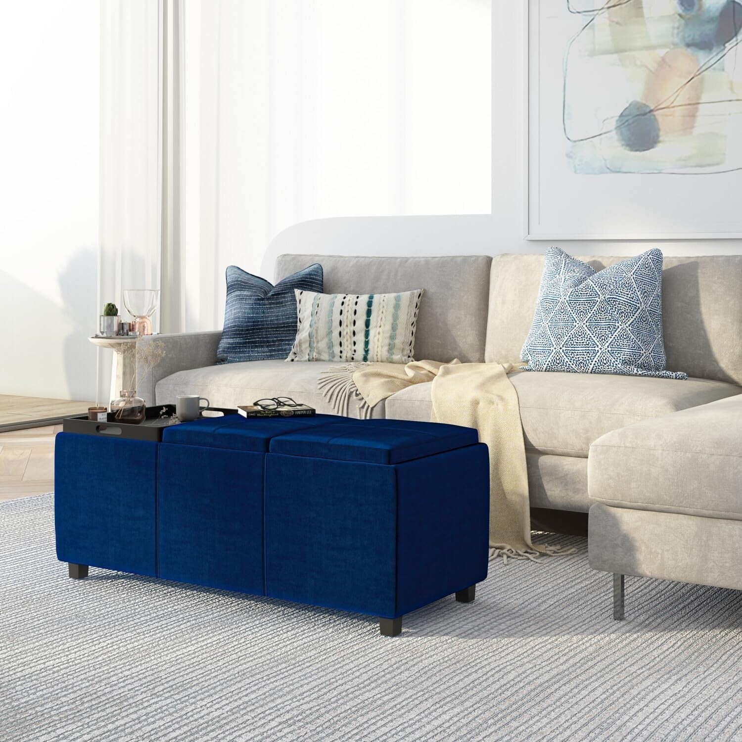 Elegant Rectangular Storage Ottoman - Assembled Blue Velvet with Serving Trays
