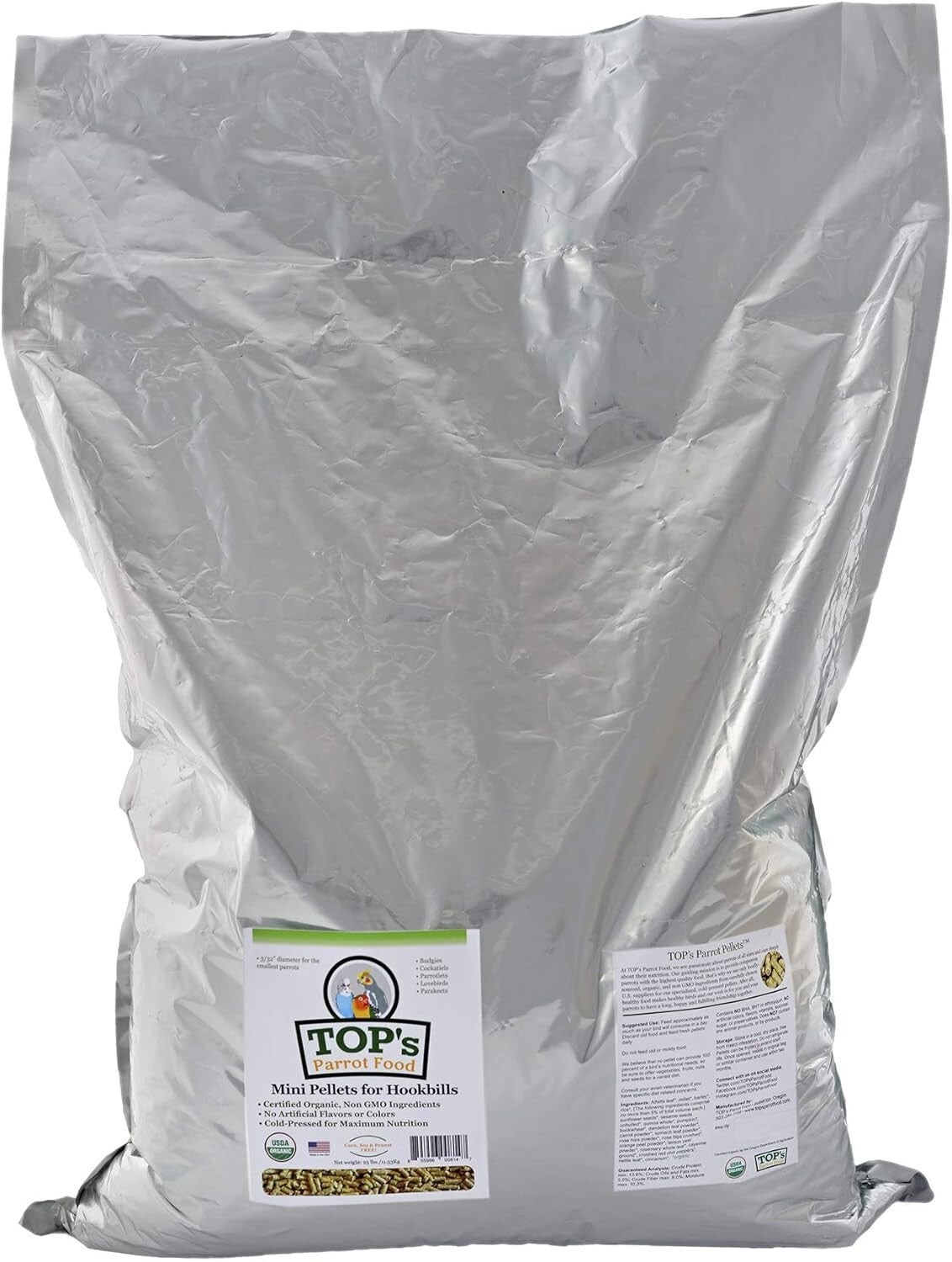 USDA Certified Organic Mini Pellets Bird Food for Budgies & Lovebirds - 25 lbs