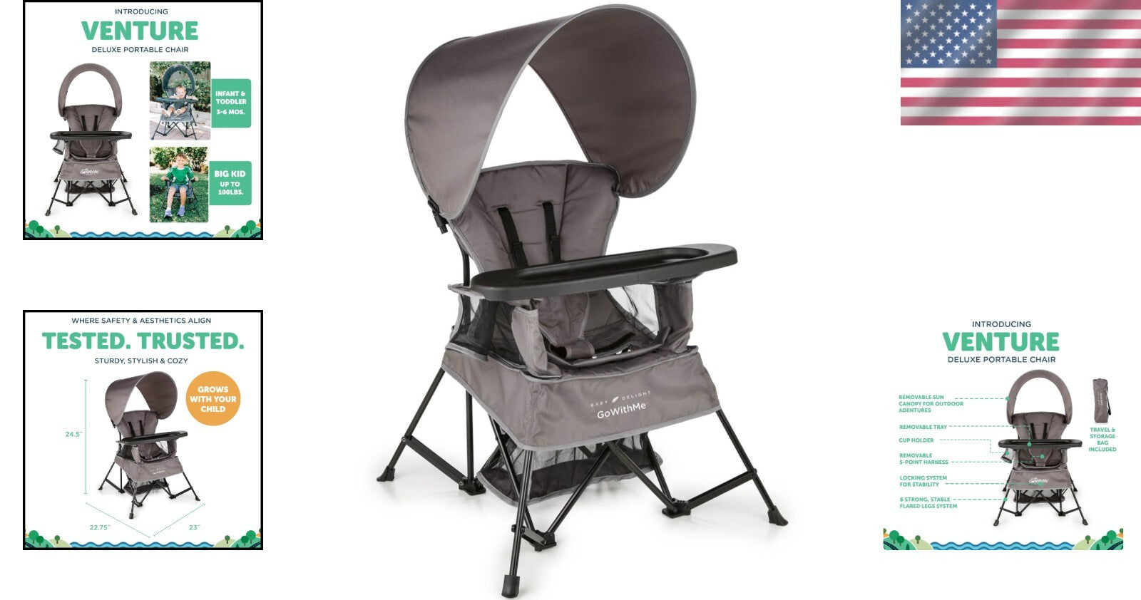 Go with Me Venture Portable Toddler Chair with Sun Canopy & Snack Tray - Grey