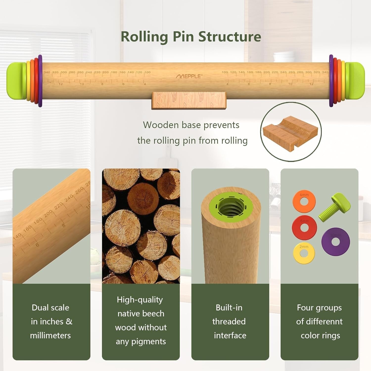 Adjustable Wooden Rolling Pin with Rings & Silicone Pastry Mat for Perfect Dough