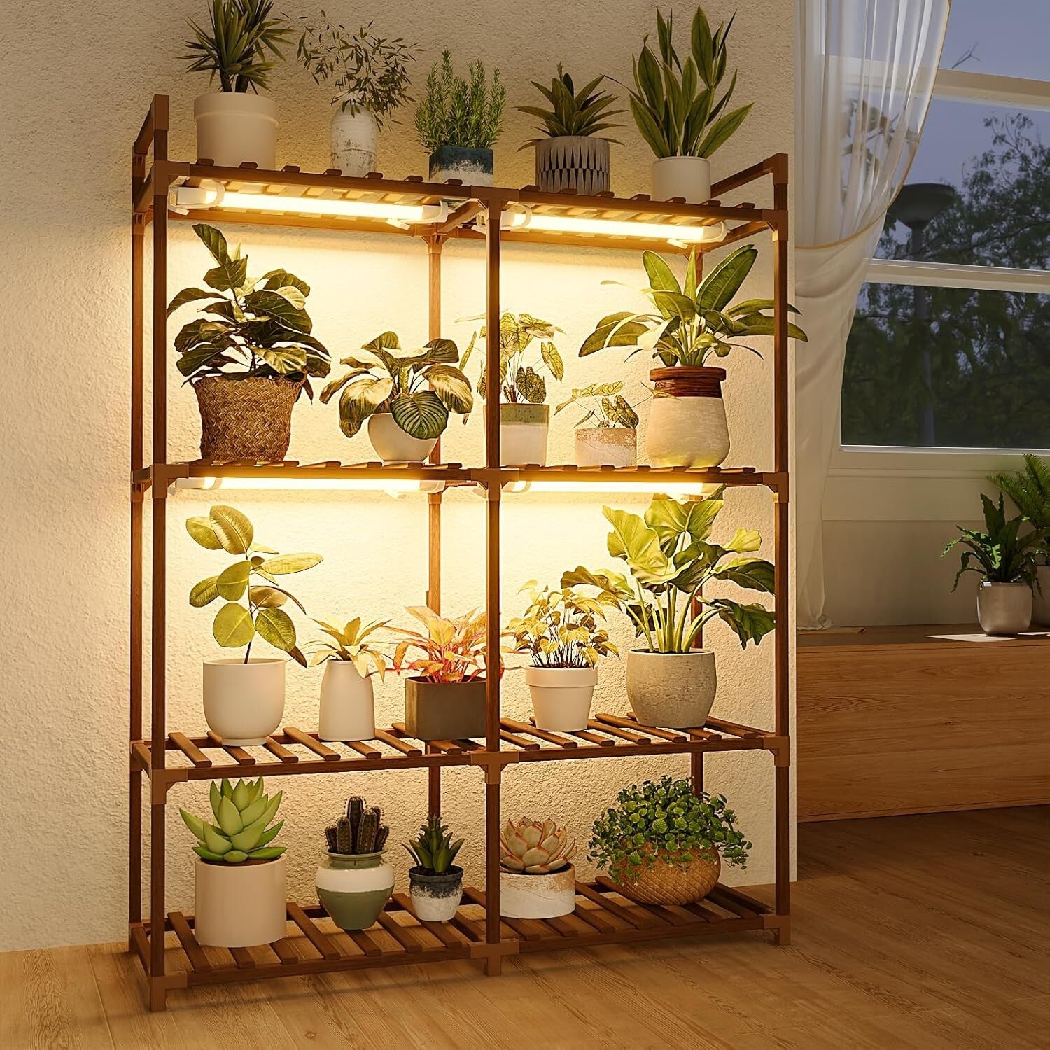 Multi-Tiered Plant Shelf with Integrated Grow Lights - Ideal for Indoor Spaces