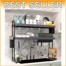 Load image into Gallery viewer, Adjustable Over Sink Dish Drying Rack - Stainless Steel 2-Tier Storage Solution