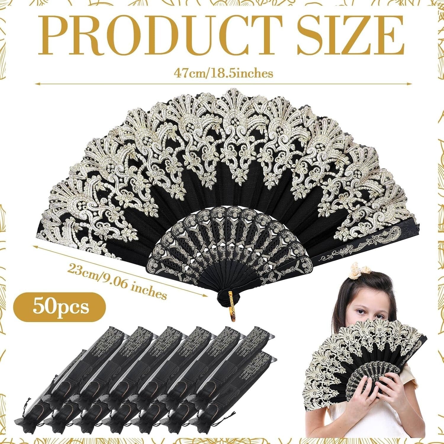Chic 50 Pcs Lace Folding Fans with Gift Bags - Ideal for Summer Events & Dances