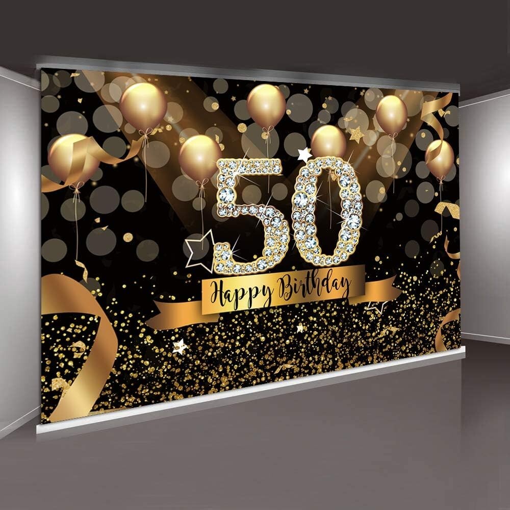 Elegant 10x8ft Glittering 50th Birthday Photography Backdrop with Gold Balloons