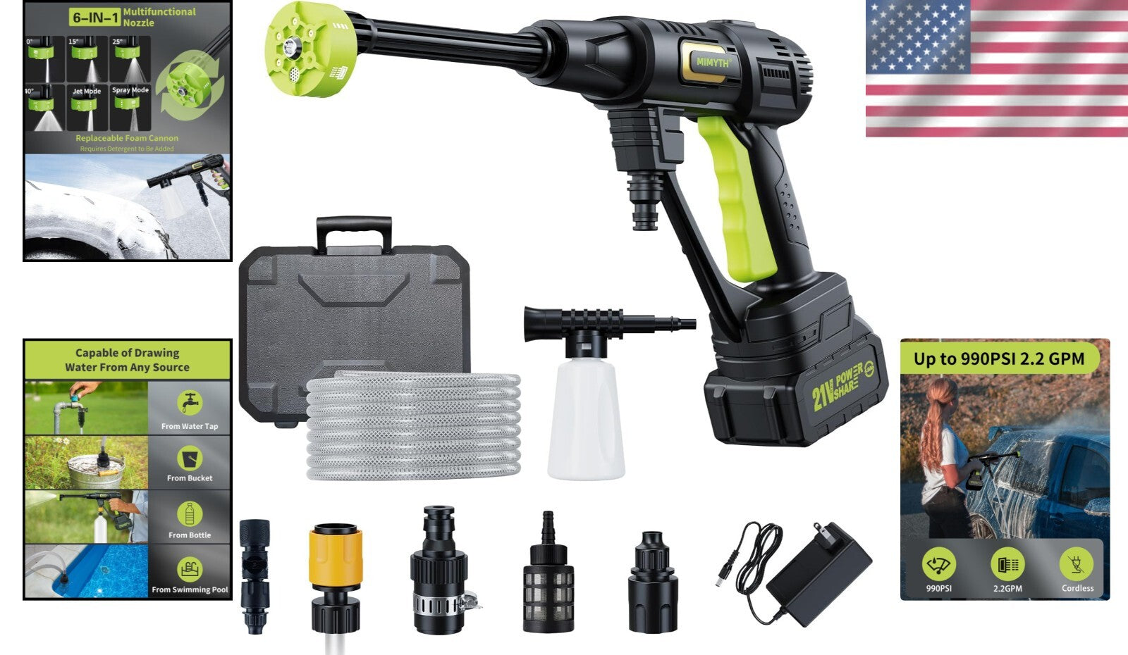 Portable 990 PSI Battery Pressure Washer with 23ft Hose and 6-in-1 Spray Options