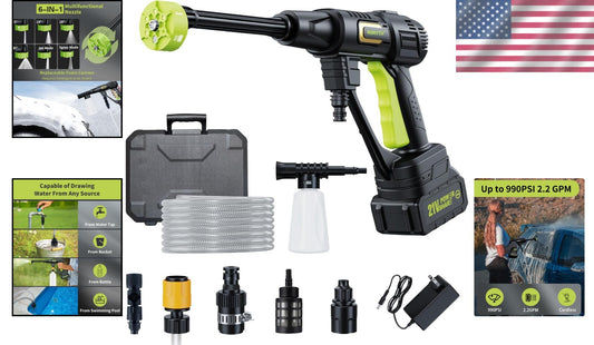 Portable 990 PSI Battery Pressure Washer with 23ft Hose and 6-in-1 Spray Options