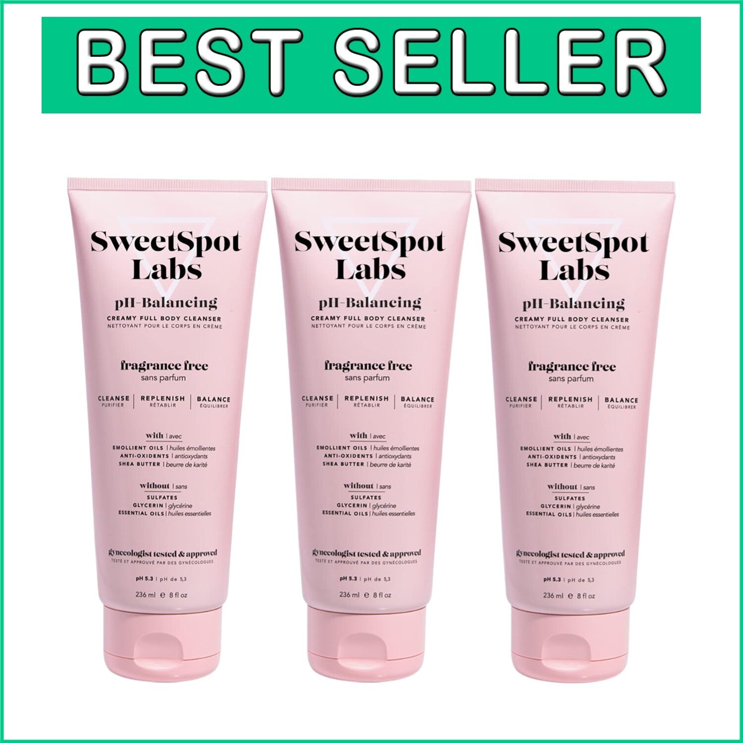 pH Balanced Unscented Body Wash - Sulfate-Free for Sensitive Skin (Pack of 3)