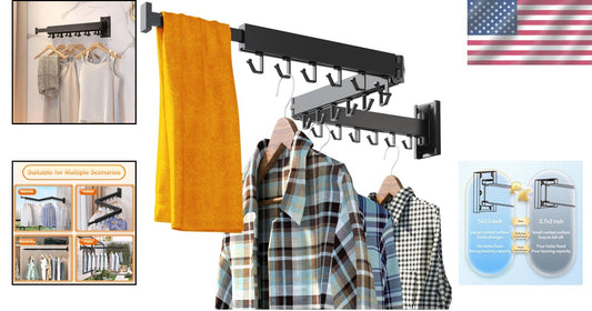 Versatile Wall-Mounted Clothes Hanger Rack with Collapsible Hooks - Black Finish