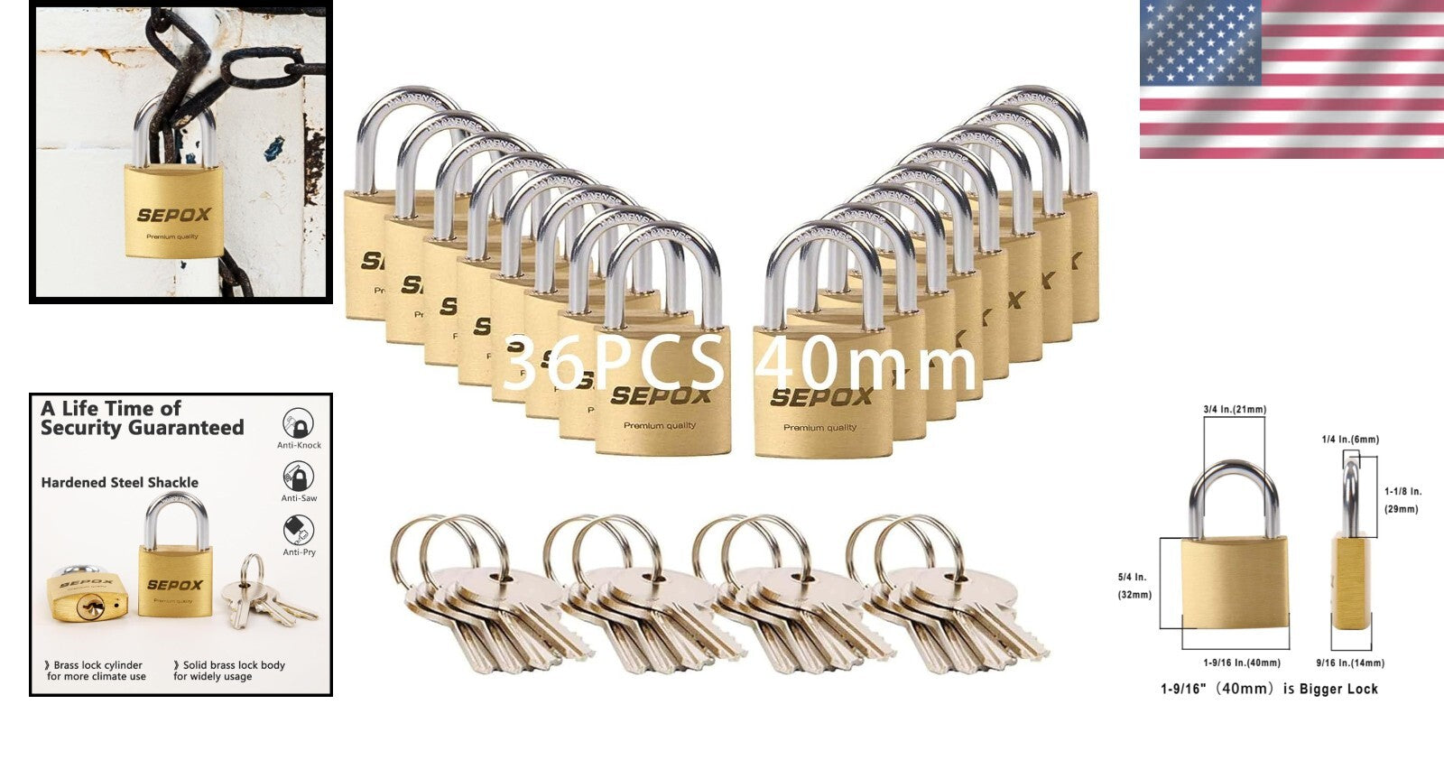 Durable Weather-Resistant Brass Padlock Set - 36 Pcs with User-Friendly Keys