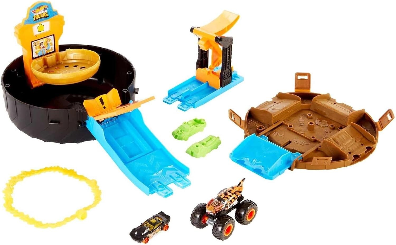 5-in-1 Monster Trucks Tire Arena - Launcher, Stunt Flip, 2 Mini Cars Included