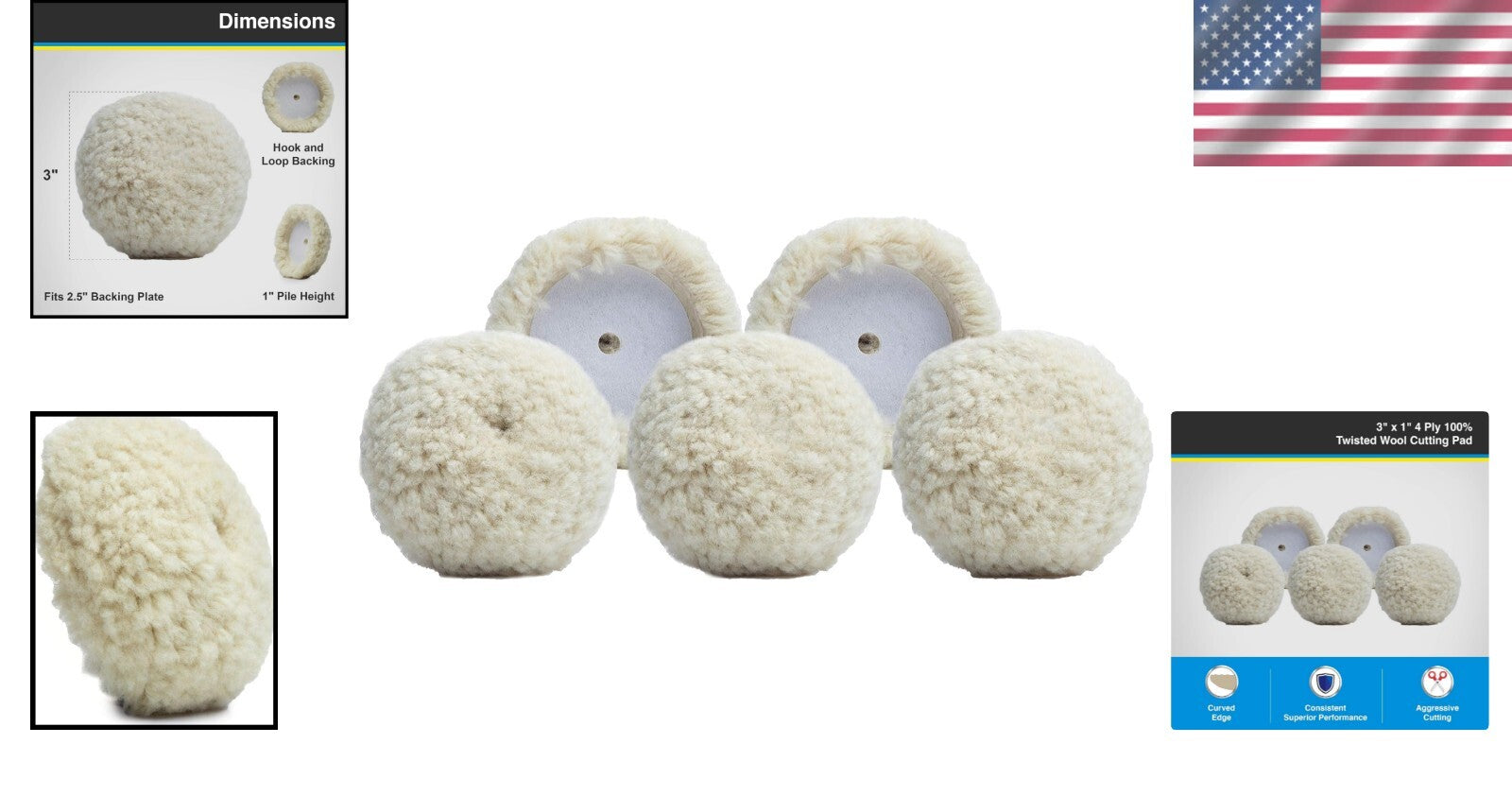 Premium 5-Pack Wool Buffing Pads, 3-inch - Professional Grade for Car Care