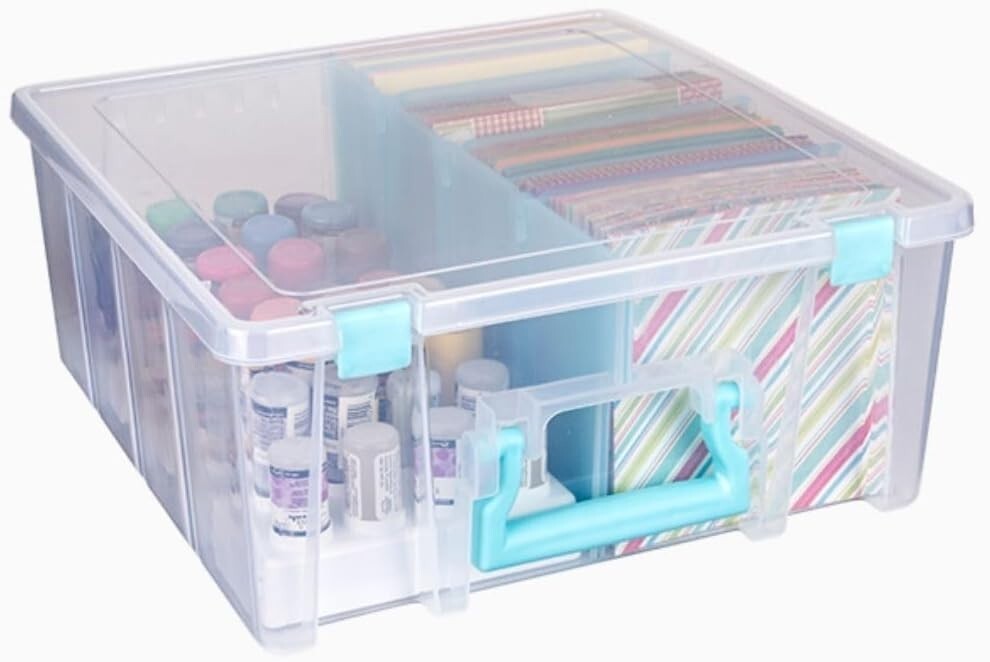 Heavy-Duty Double Deep Craft Organizer with Removable Dividers - Aqua & Clear