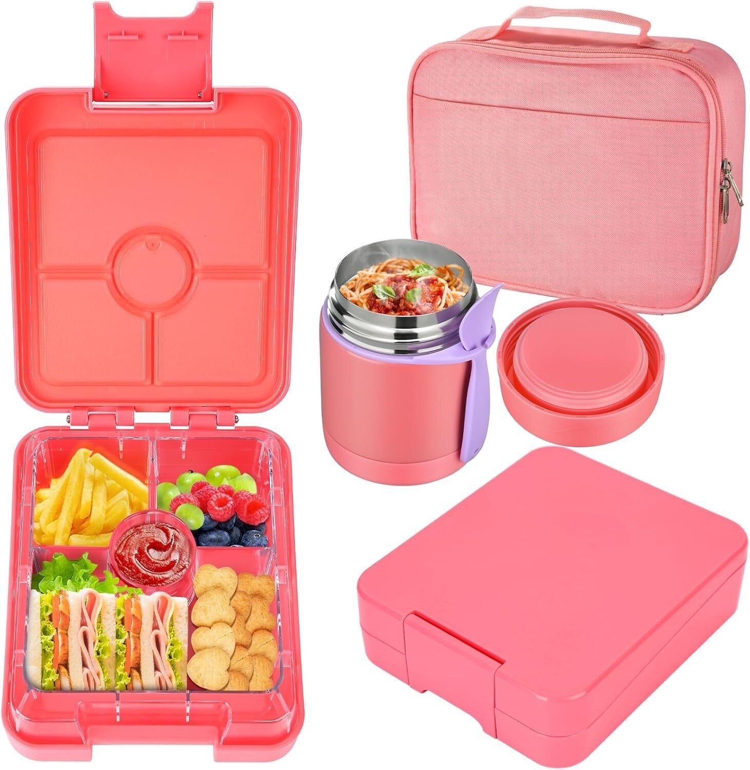 4-Compartment Kids Bento Box with Matching Insulated Lunch Bag & Soup Jar