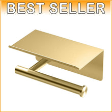 Load image into Gallery viewer, Modern Brushed Brass Toilet Paper Holder with Mobile Shelf for Elegant Bathrooms