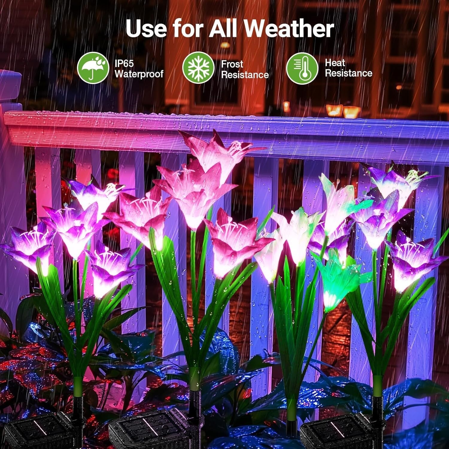 Solar Garden Lights Set with 8 Larger Lily Flowers - Waterproof & Color Changing