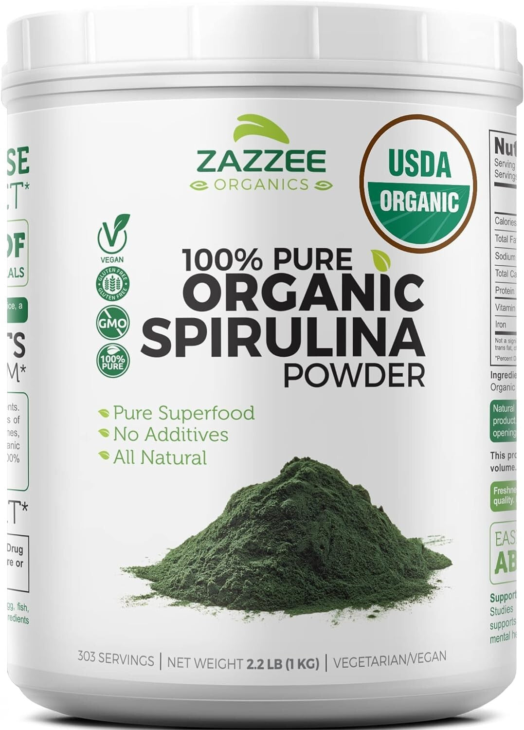 303 Servings of Organic Spirulina Powder 2.2 lbs - Fresh Taste in Convenient Jar
