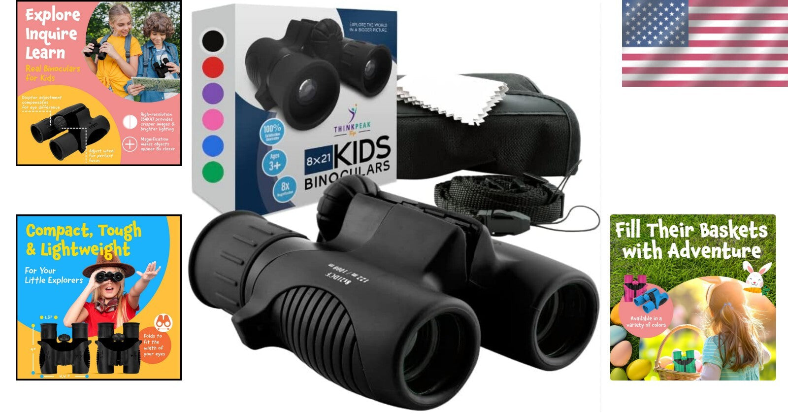 Think Peak Kids Binoculars - 8x Magnification Compact Adventure Toy for Ages 4-8