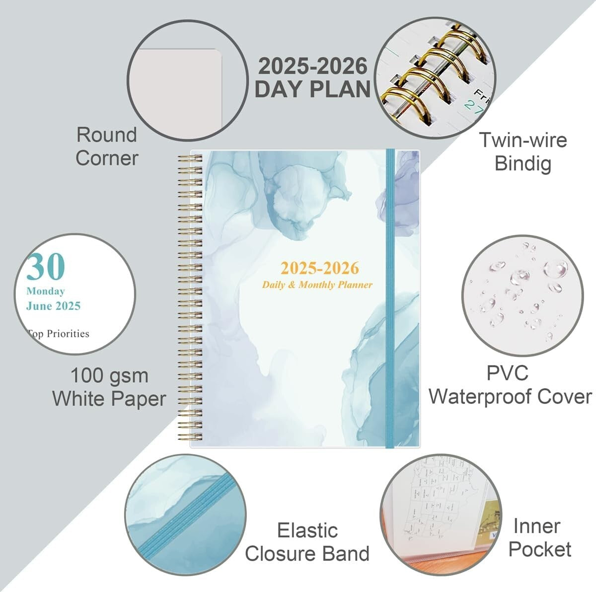 Elegant 2025-2026 Daily Planner with 12 Monthly Tabs - 11" x 8.5" Blue Design