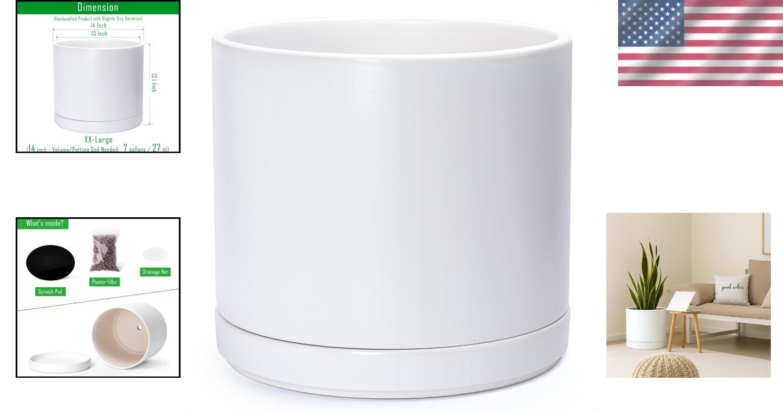 Elegant 14 Inch Ceramic Indoor Planter Pot with Drainage & Saucer - Modern White