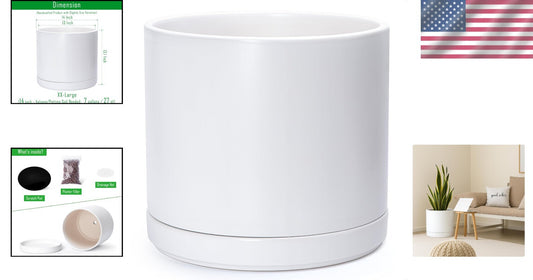 Elegant 14 Inch Ceramic Indoor Planter Pot with Drainage & Saucer - Modern White