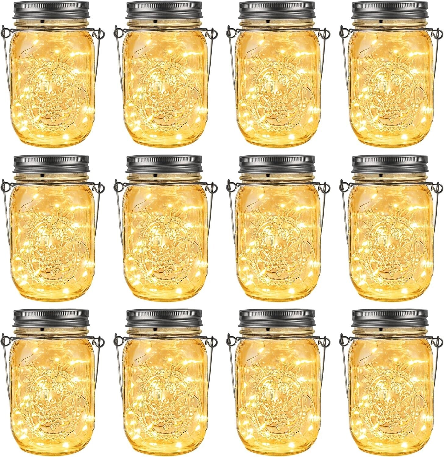Hanging Solar Lanterns - 30 LED Fairy Lights in Waterproof Mason Jars, 12-Pack