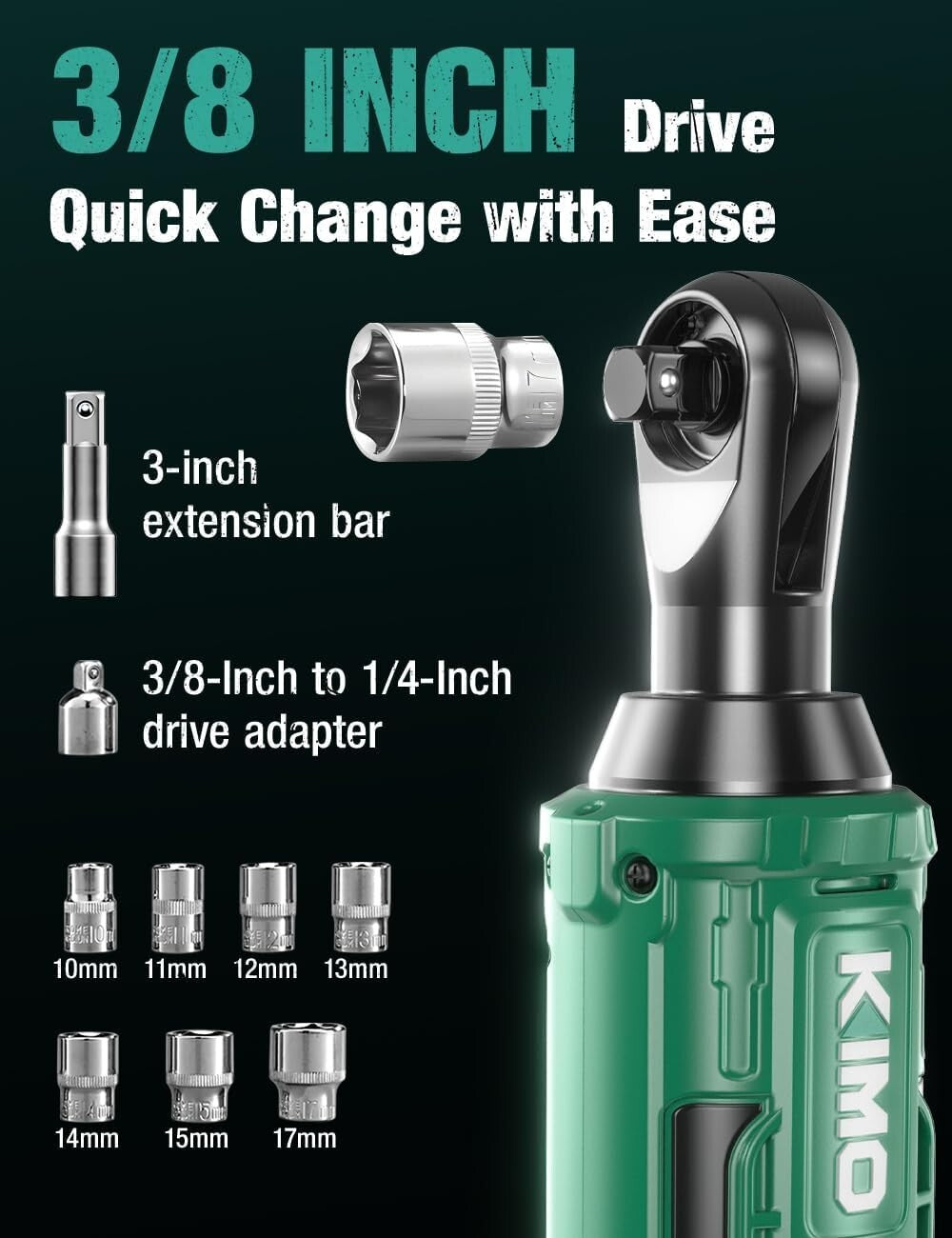 Battery Powered 20V Ratchet Wrench Set - Compact with Extension Bar & Adapters