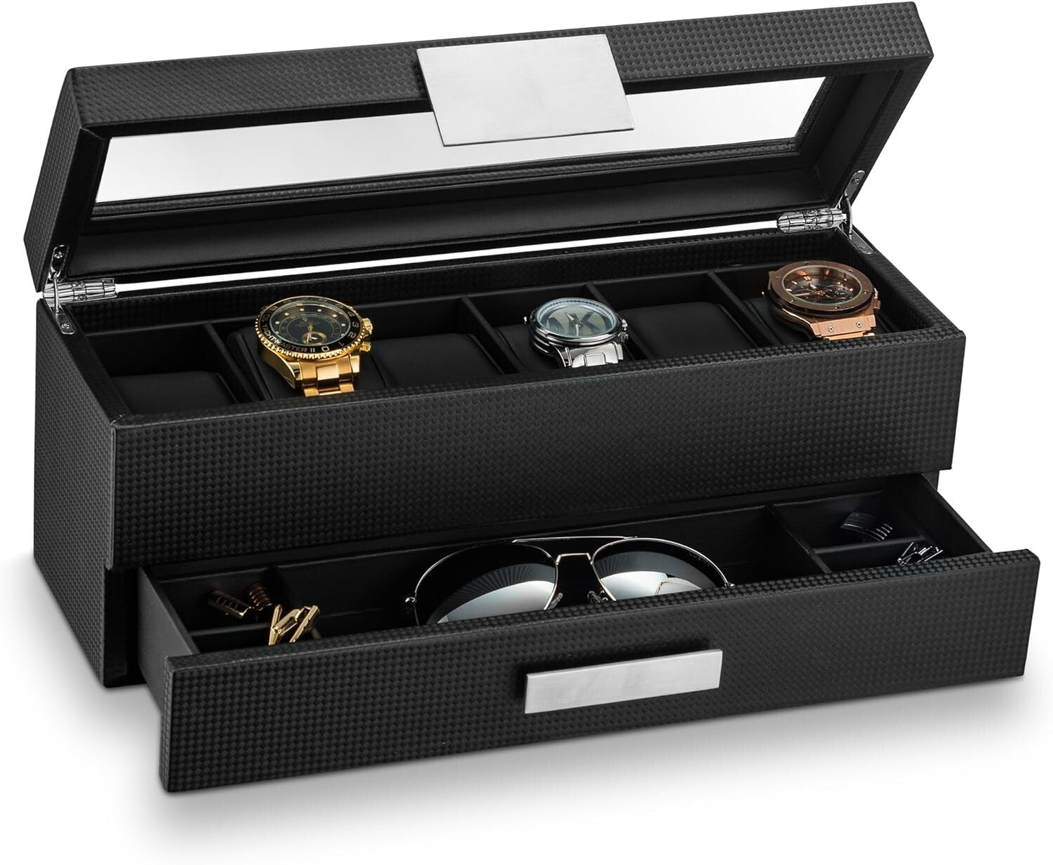 Stunning 6 Slot Men's Watch Organizer with Valet Drawer & Faux Leather Interior