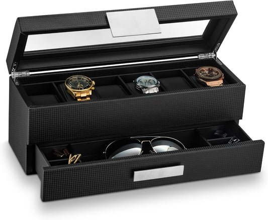 Stunning 6 Slot Men's Watch Organizer with Valet Drawer & Faux Leather Interior