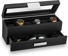 Load image into Gallery viewer, Stunning 6 Slot Men's Watch Organizer with Valet Drawer &amp; Faux Leather Interior
