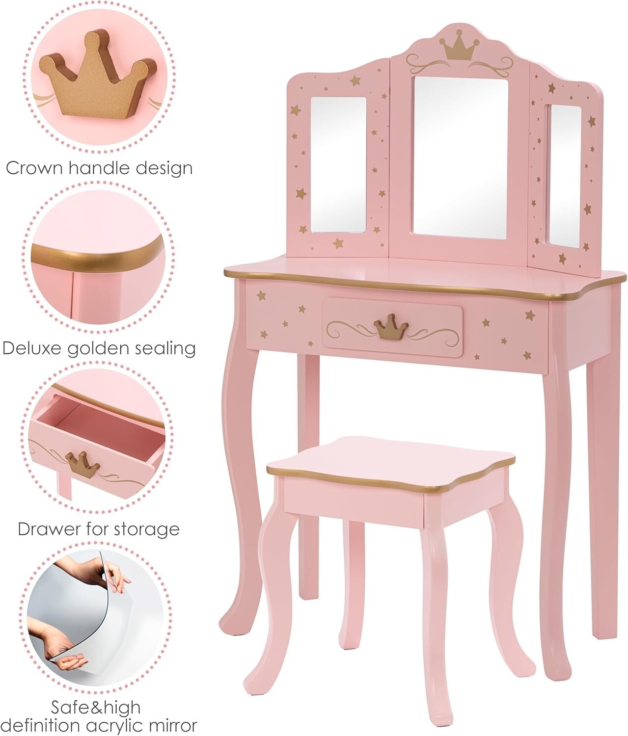 Elegant Kids Vanity Set with Pink Mirror and Stool - Perfect for Little Girls