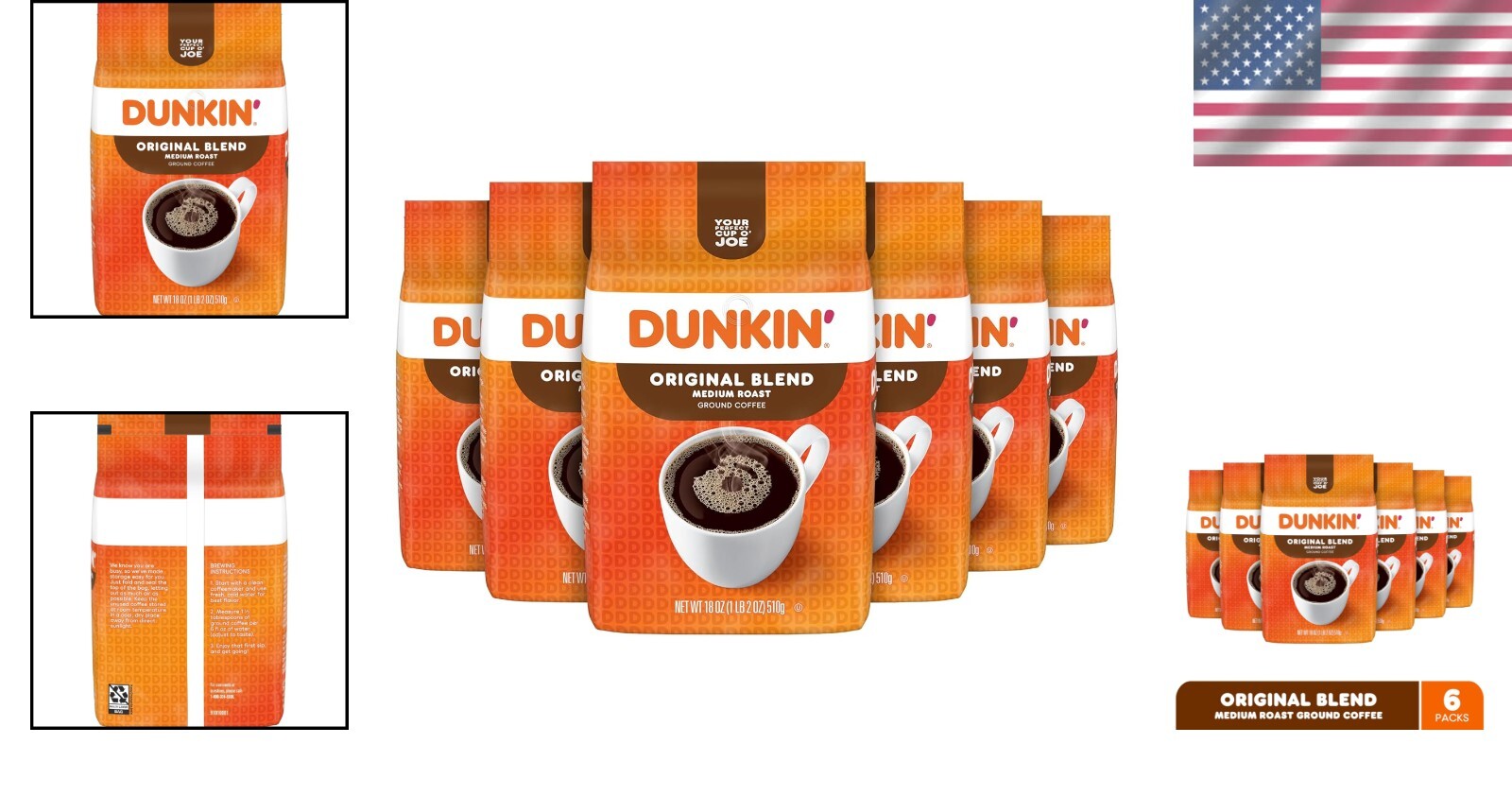 Authentic Medium Roast Ground Coffee - 6 Pack of 18 Ounce Premium Arabica Bags