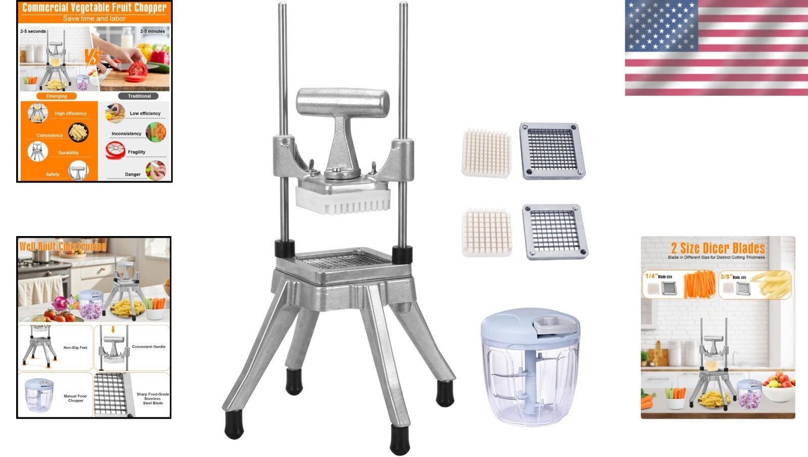 Heavy-Duty Commercial Vegetable Chopper with Stainless Steel Blades - 1/4" & ...