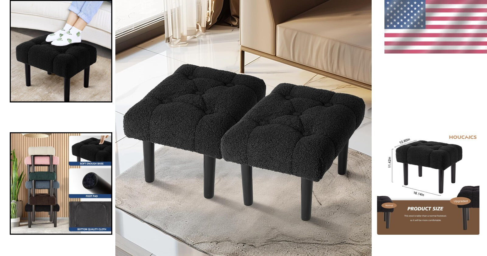 Elegant Jacquard Black Foot Rest Ottoman - Versatile Design for Modern Homes