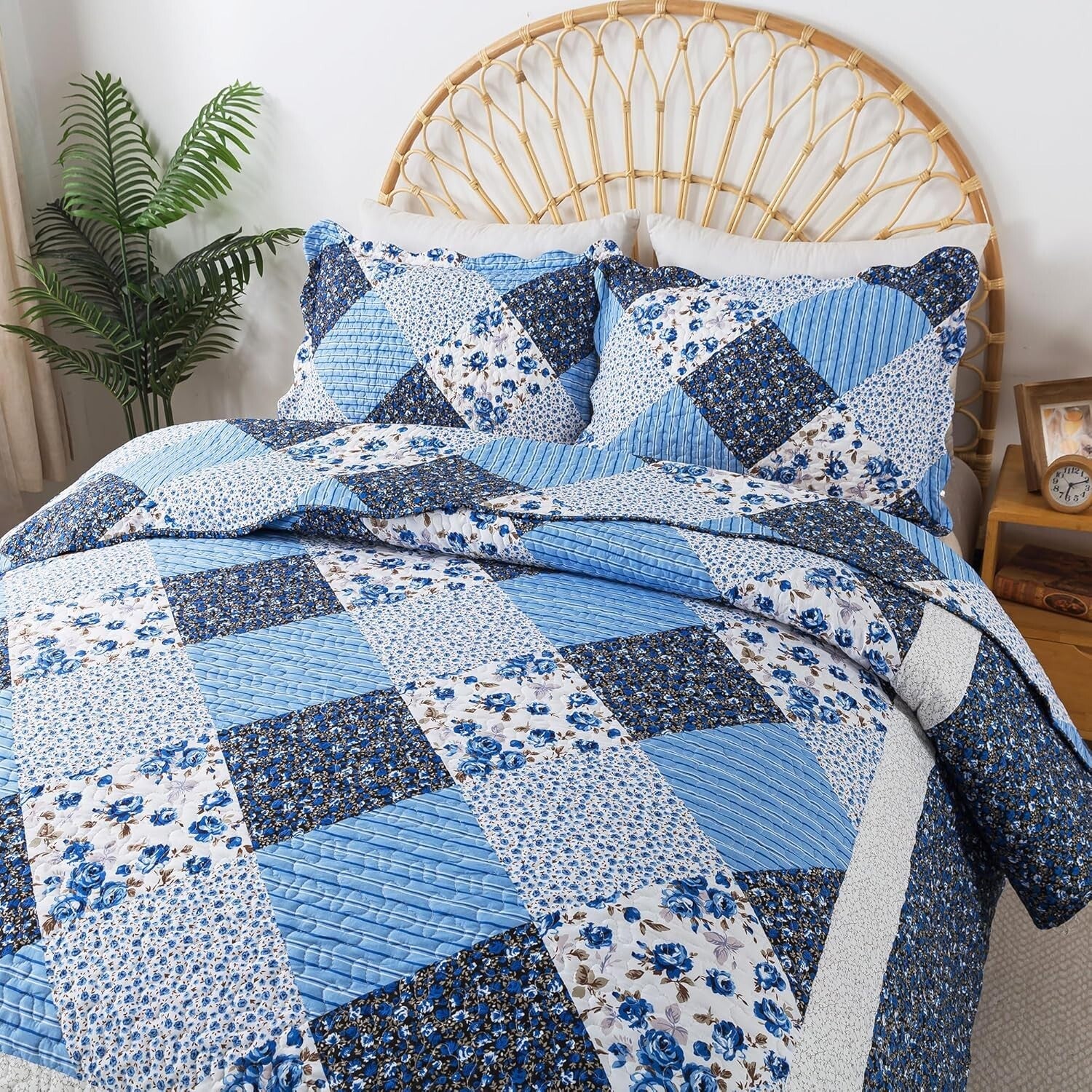 California King Quilt Set - 120x120 Blue Rustic Floral Bedspread & 2 Pillowcases