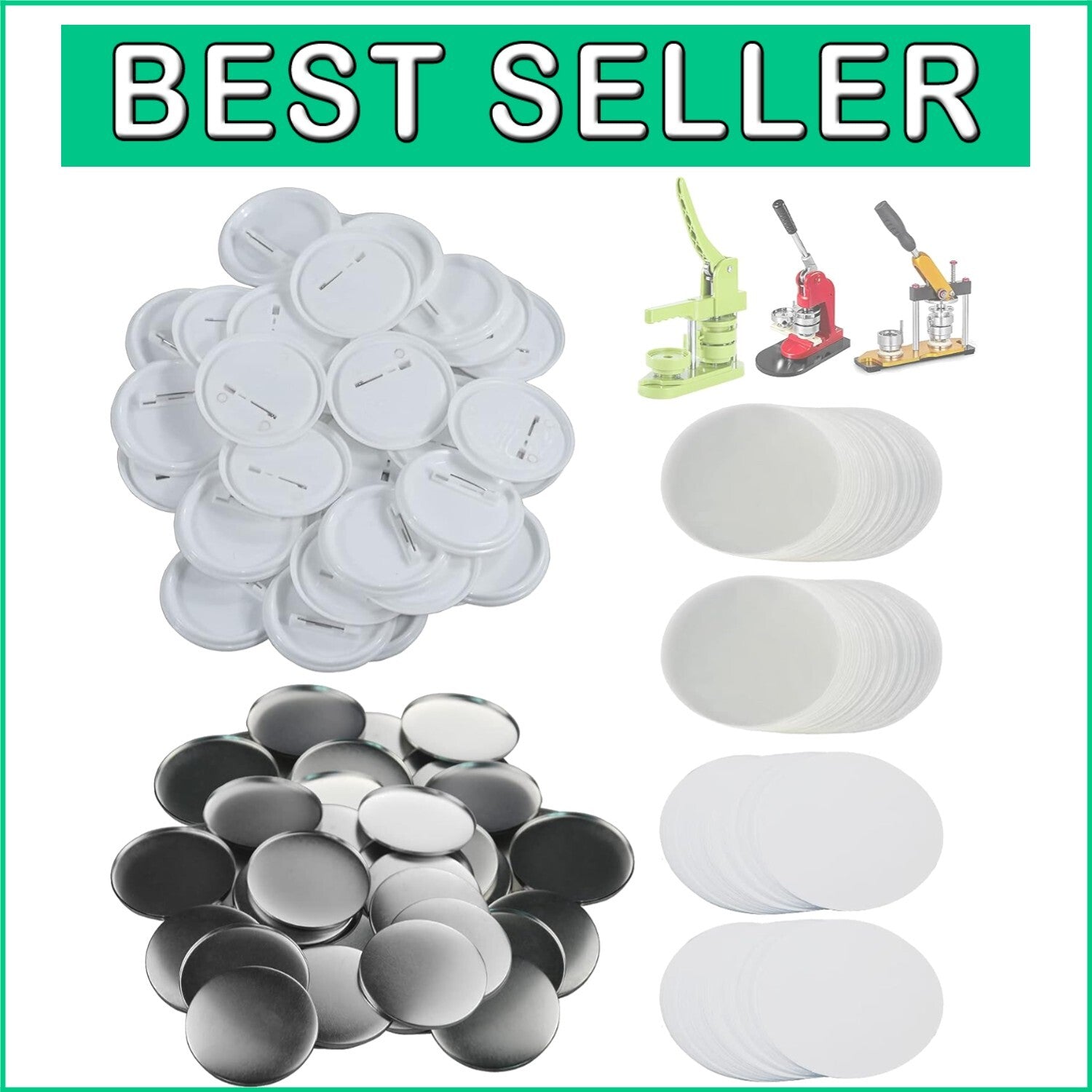58mm Blank Button Badge Making Kit - 200 Sets with Metal & Plastic Parts