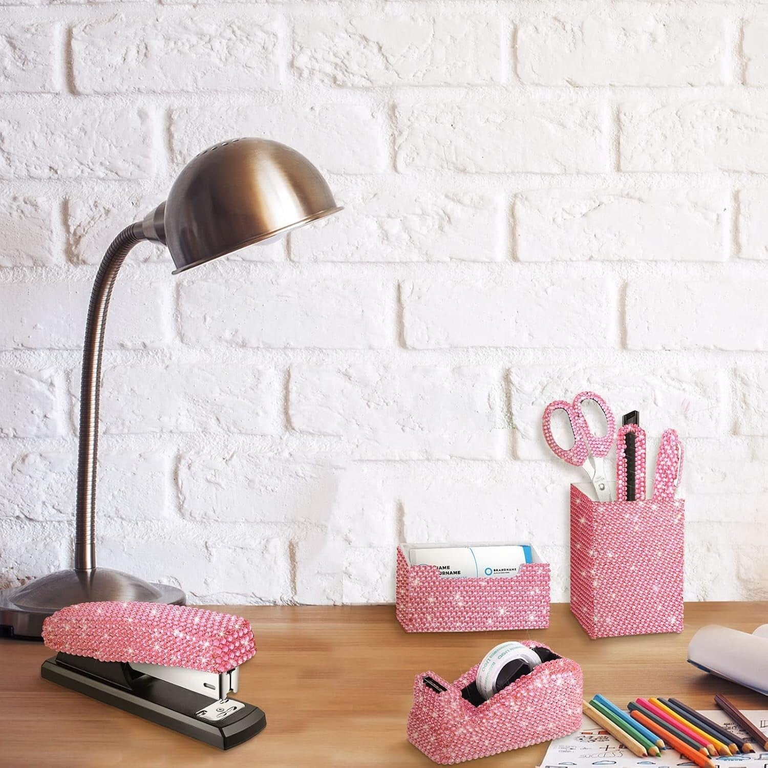 7-Piece Pink Diamond Desk Set: Scissors, Stapler, and Tape Dispenser Included