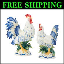 Load image into Gallery viewer, Vibrant Sicily Blue Ceramic Rooster &amp; Hen Statues - Elegant Farmhouse Accent