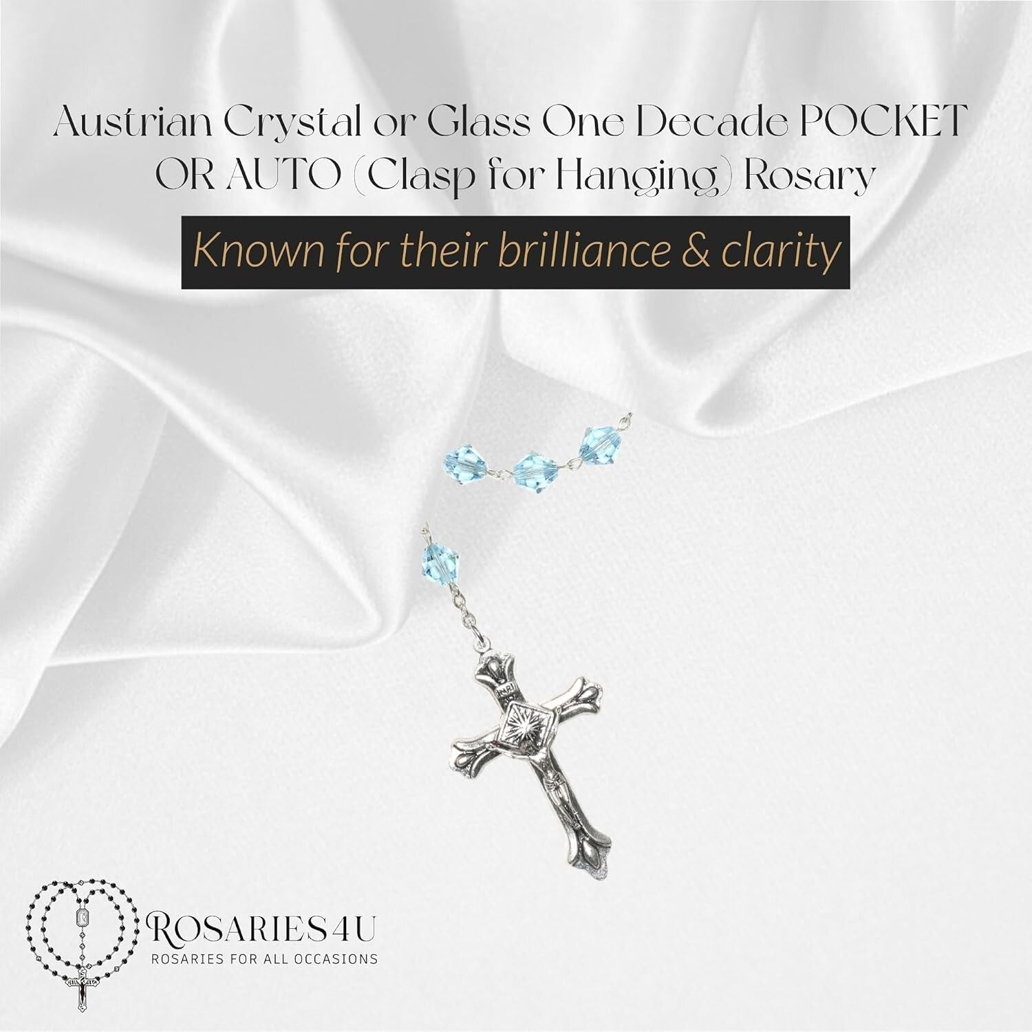 Austrian Crystal Aquamarine Auto Clasp Rosary with Holy Card - March Birthstone