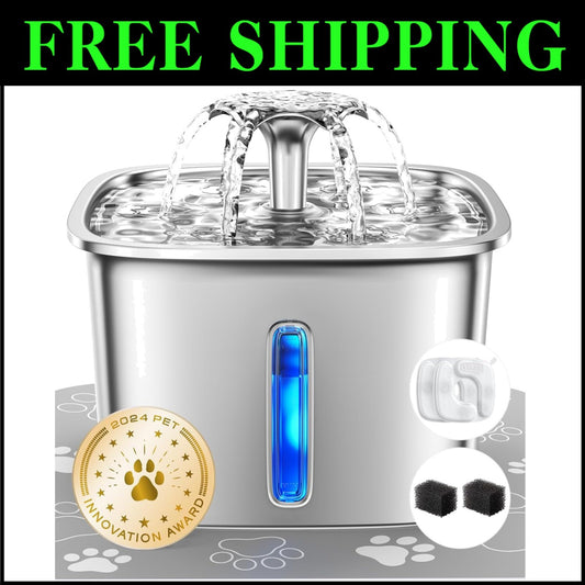 Award-Winning 2.8L Stainless Steel Cat Water Fountain with LED Light & Filters