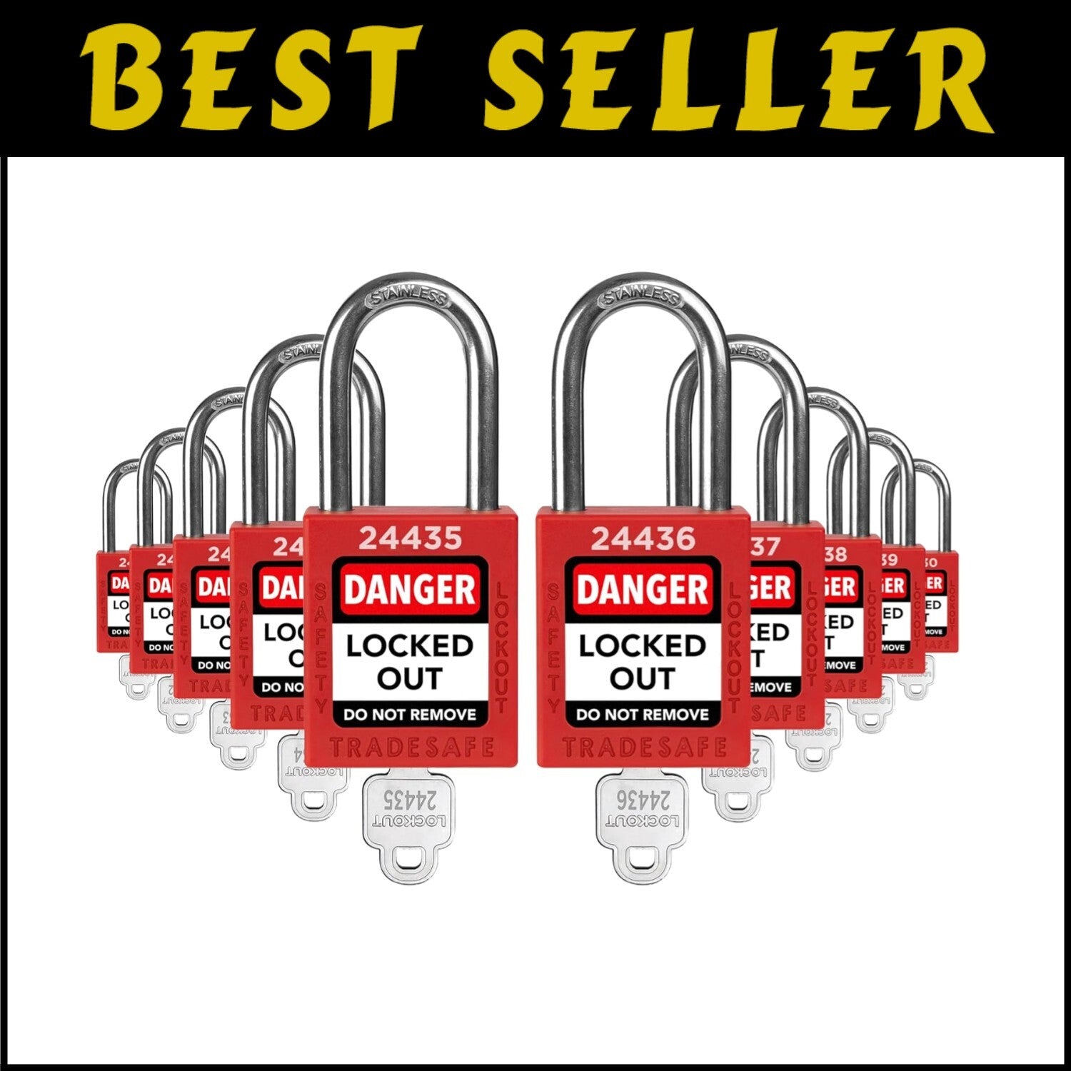Durable 10-Piece Red Lockout Padlock Set - Keyed Different & Corrosion Resistant