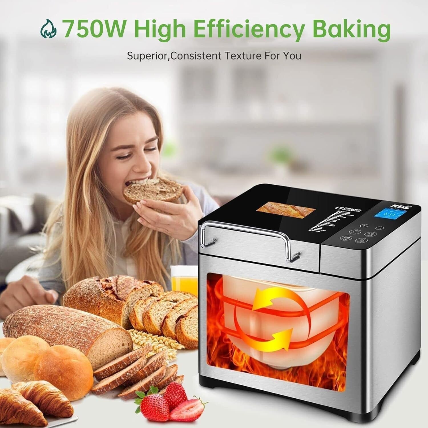 Digital Stainless Steel Bread Machine - 17 Settings & Keep Warm Function