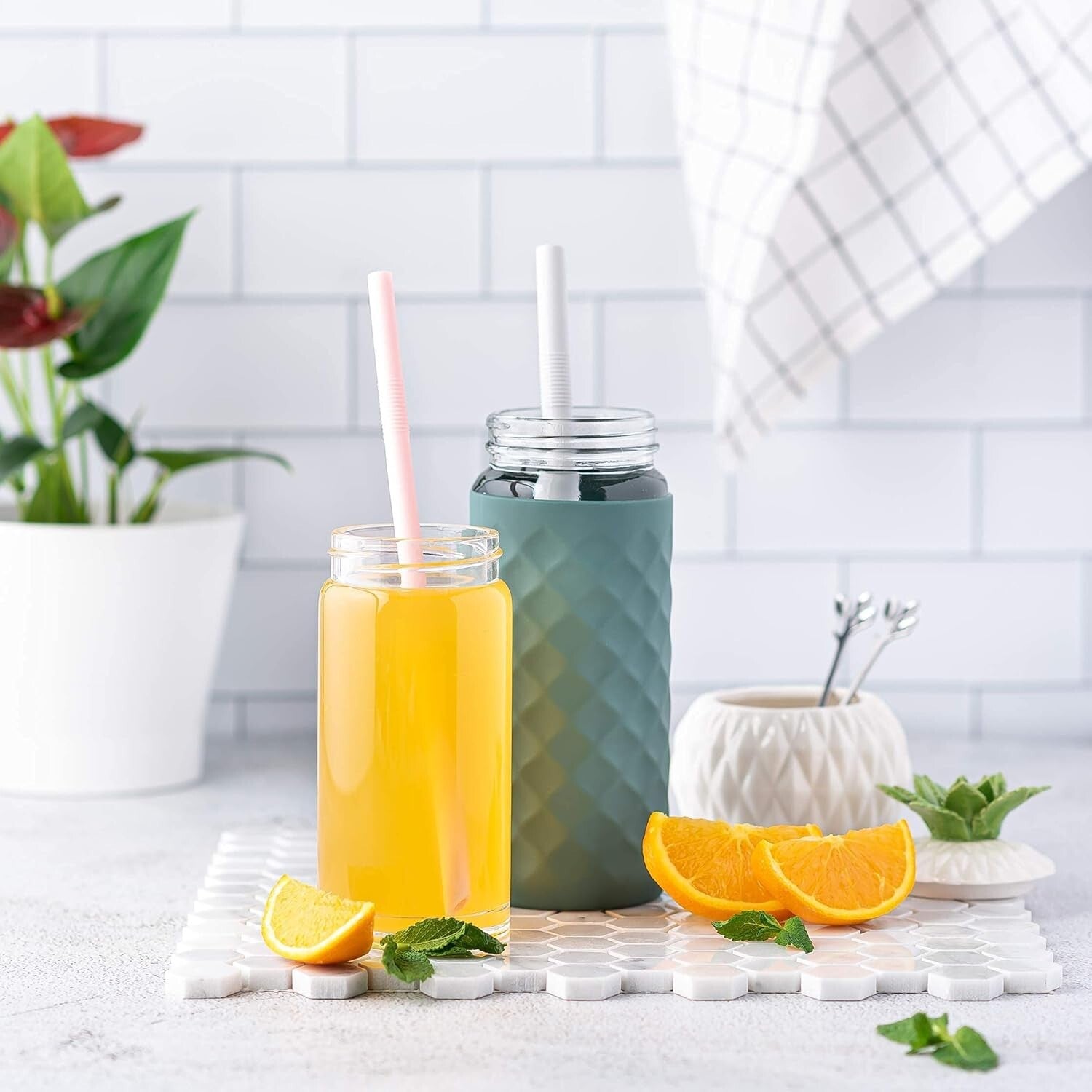 Reusable 10 oz Glass Bottles with Stainless Steel Lids - 4 Pack Privacy & Style