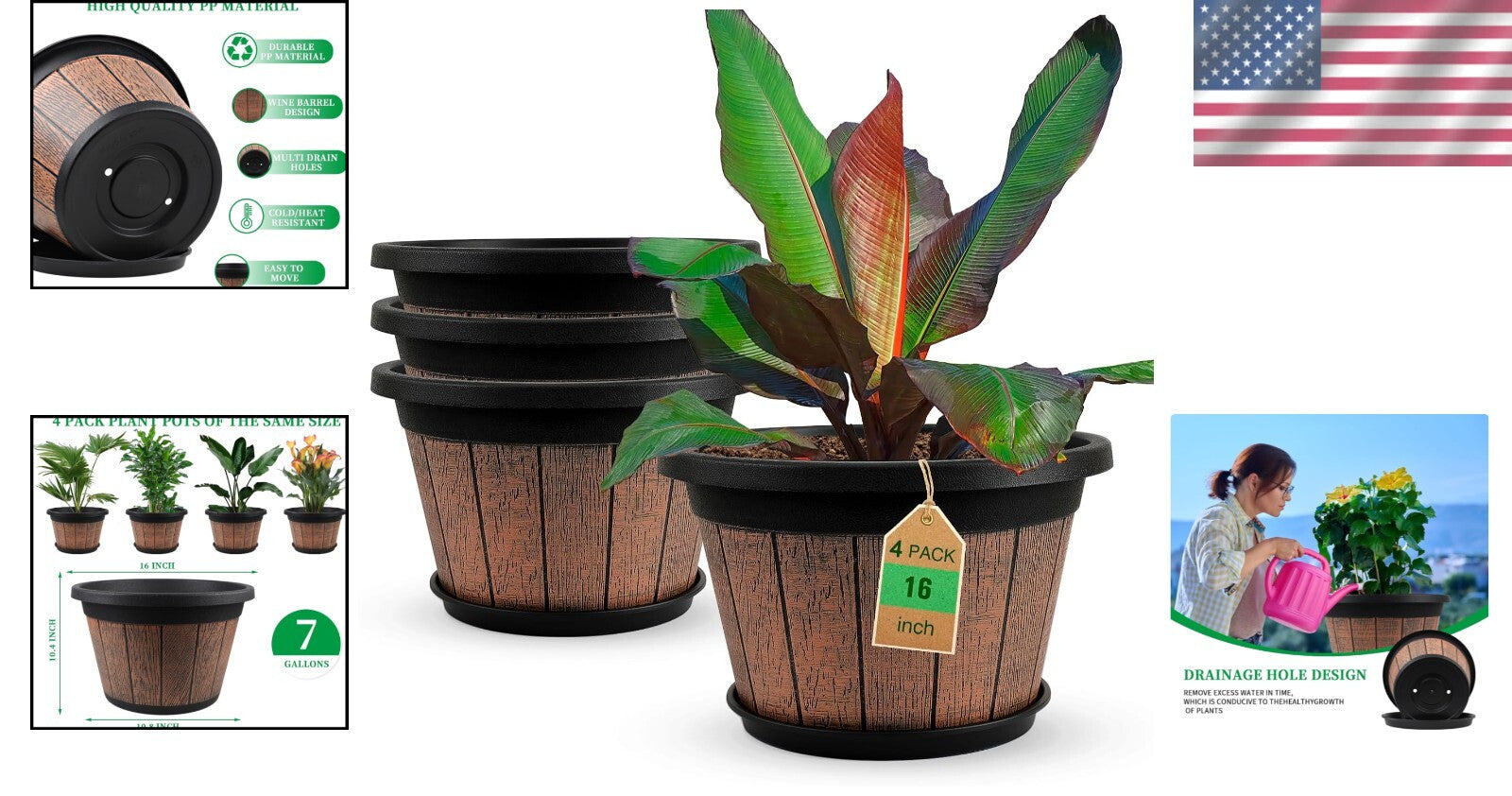 Classic 4-Pack 16-Inch Brown Planters - Weather-Resistant with Drainage
