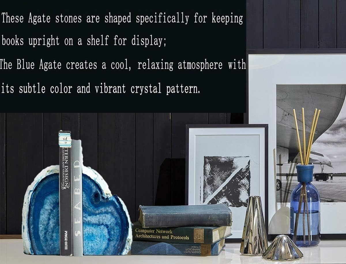 Artistic Blue Agate Bookends - Decorative Crystal Holding Bookends Pair, 3.5 lbs